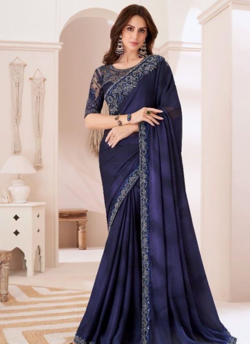 Designer silk saree with embroidered blouse in Dark blue