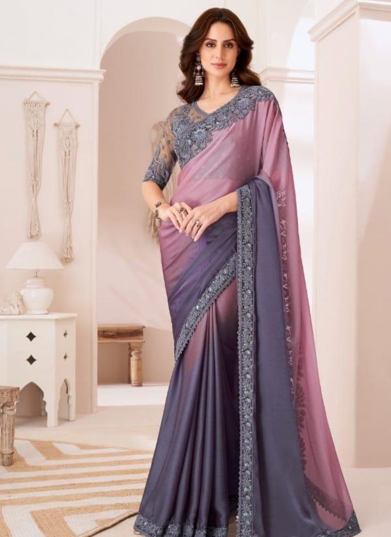 Designer silk saree with embroidered blouse in purple