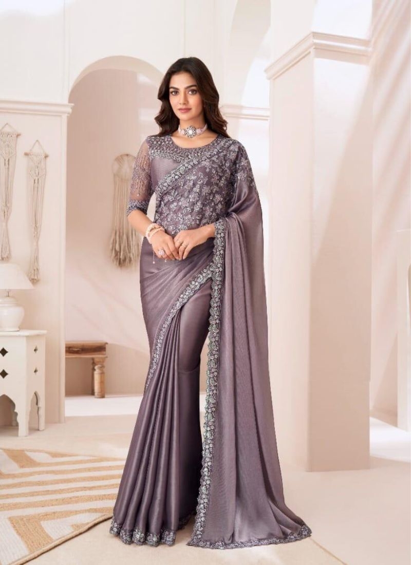 Designer silk saree with embroidered blouse in light purple