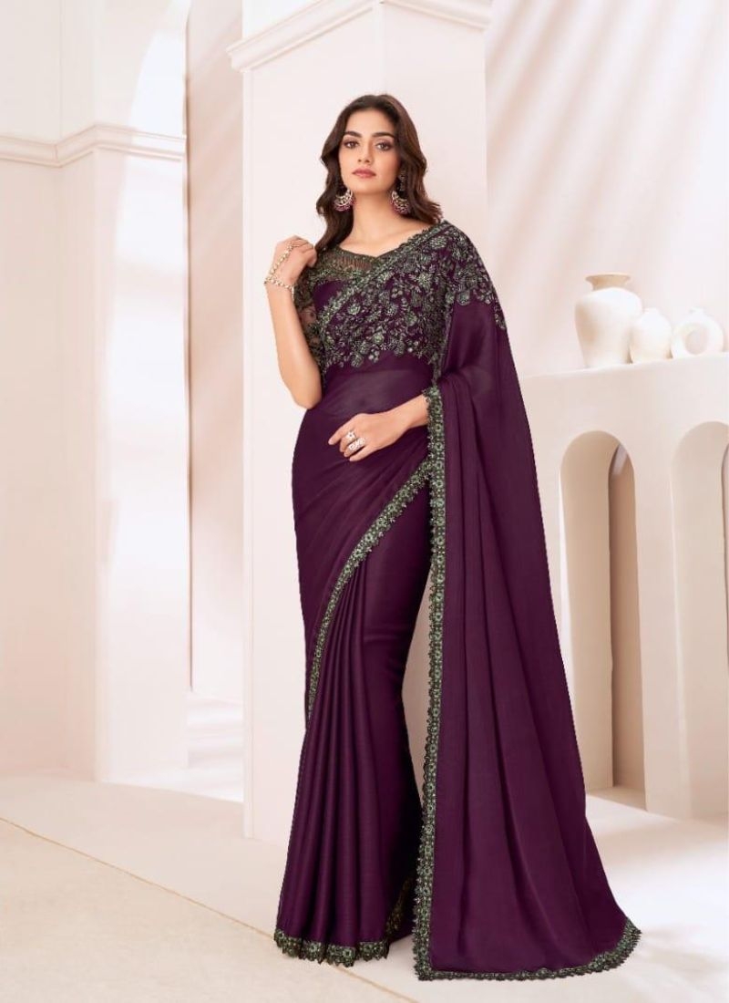 Designer silk saree with embroidered blouse in wine