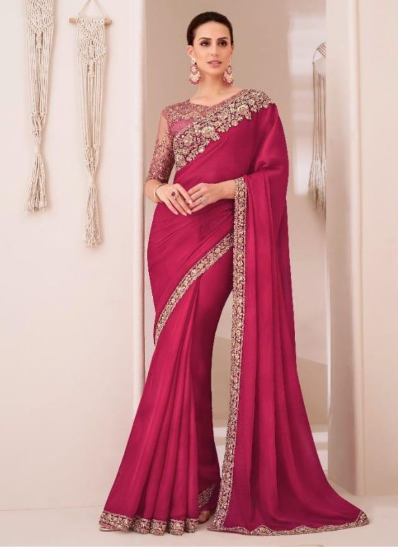 Designer silk saree with embroidered blouse in dark pink