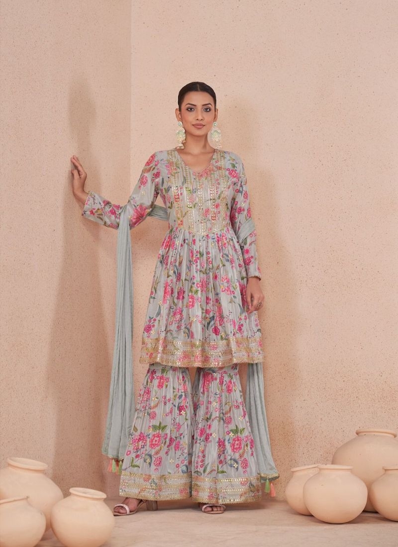 Designer sharara suit with floral printing in grey