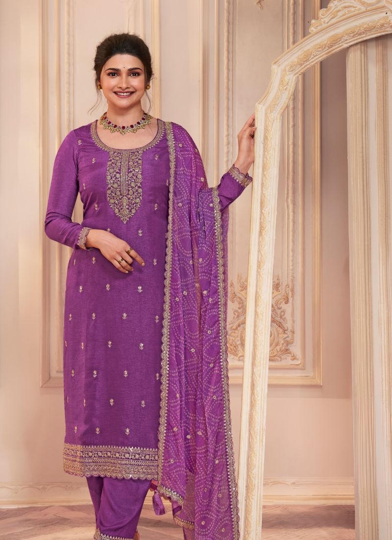 Beautiful pantsuit with printed chinon dupatta in purple