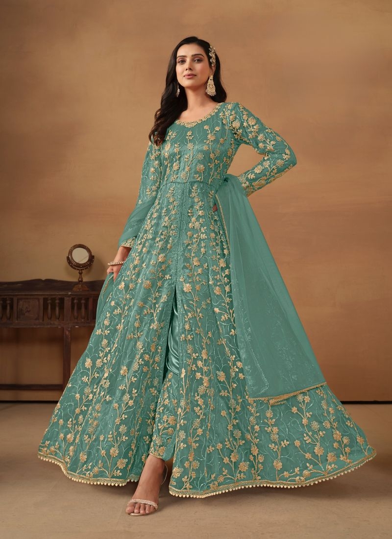 Net embroidered beautiful Anarkali suit  in green