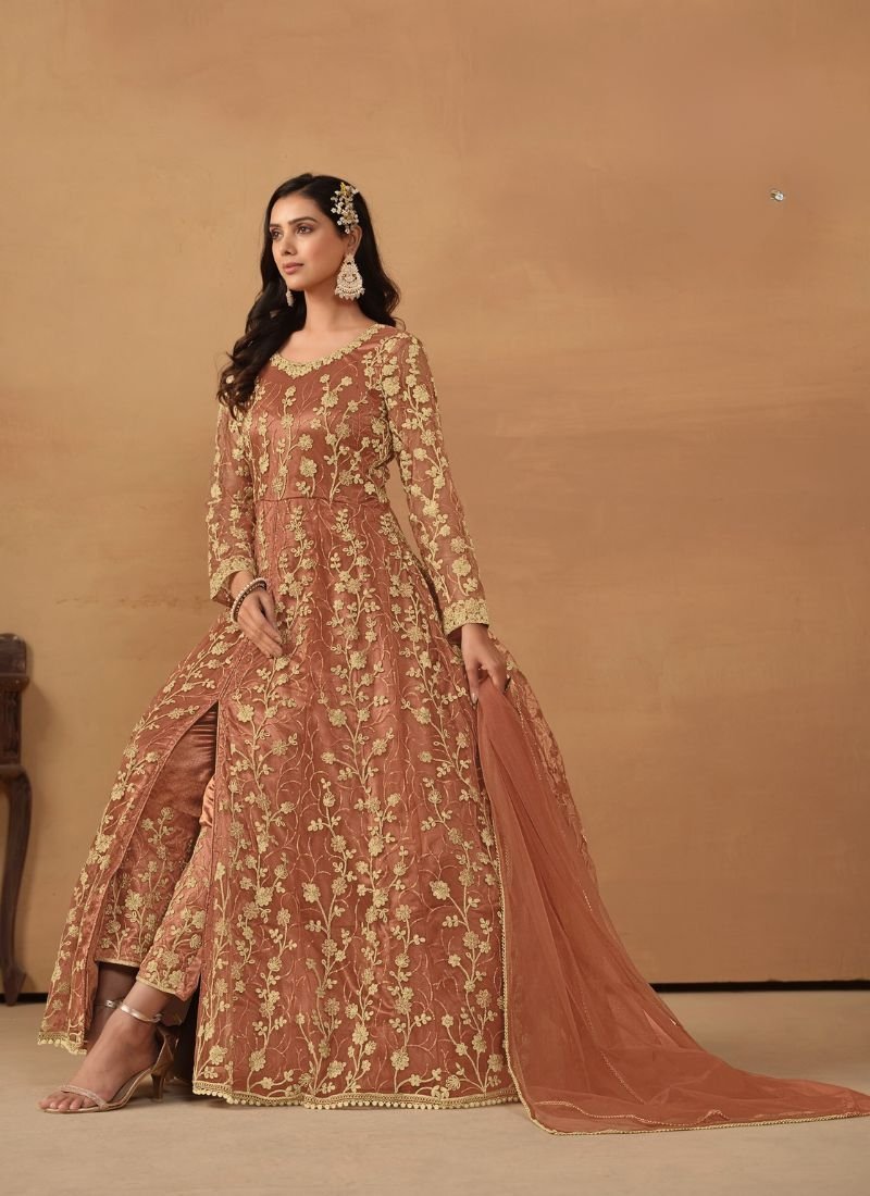 Net embroidered beautiful Anarkali suit  in brown