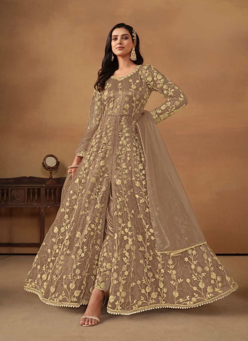 Net embroidered beautiful Anarkali suit  in beige