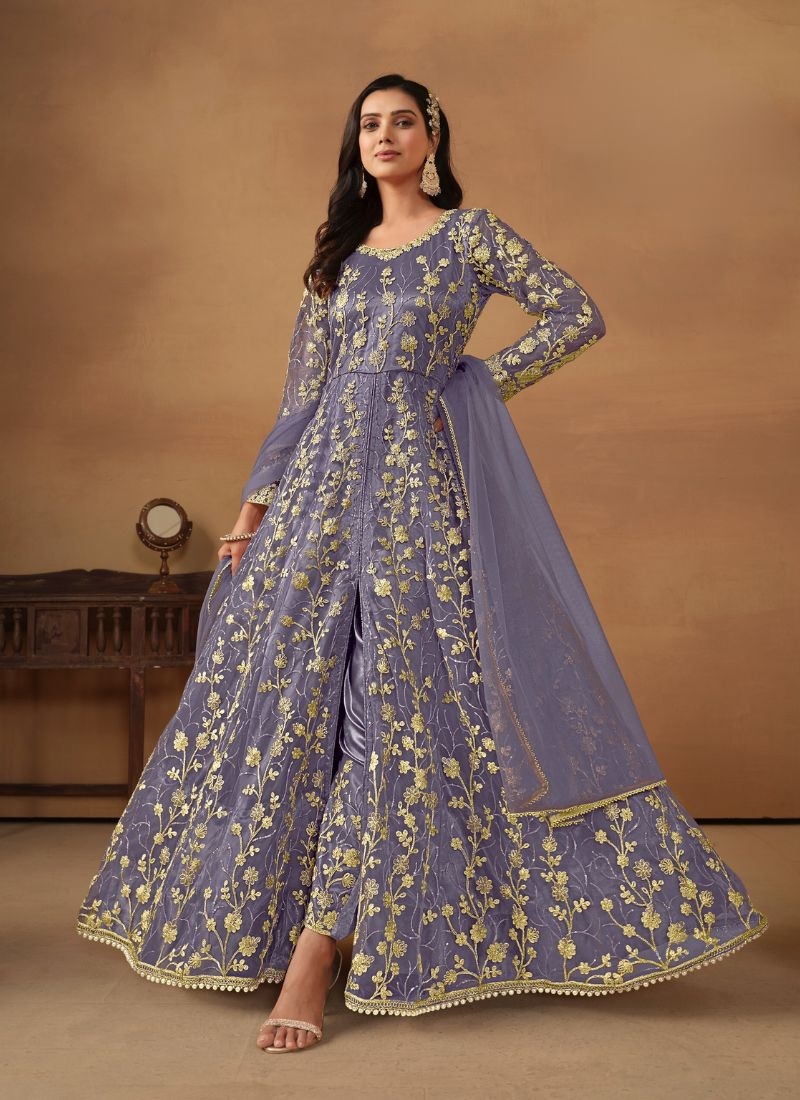 Net embroidered beautiful Anarkali suit  in purple