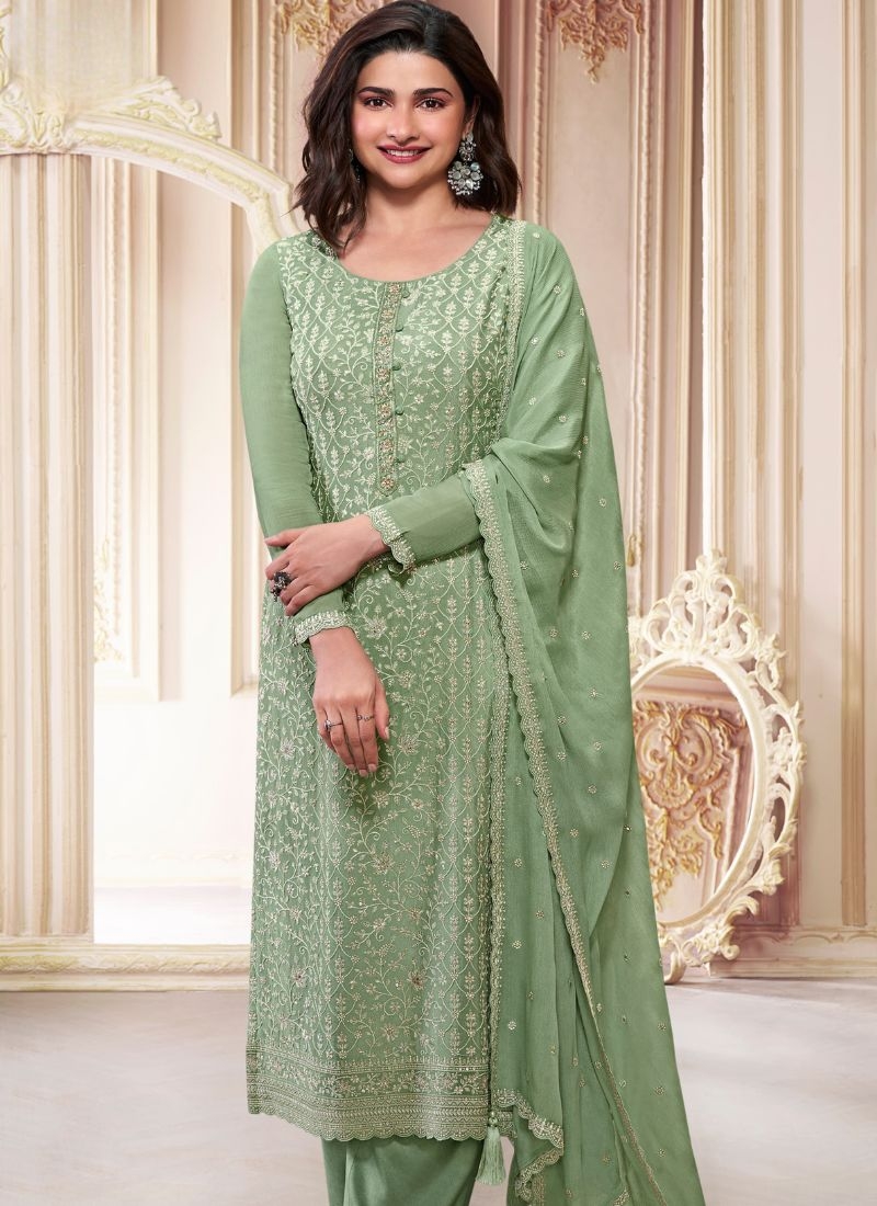 Amazing chinon pantsuit with embroidered dupatta in light green