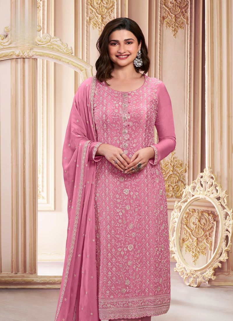 Amazing chinon pantsuit with embroidered dupatta in dark pink