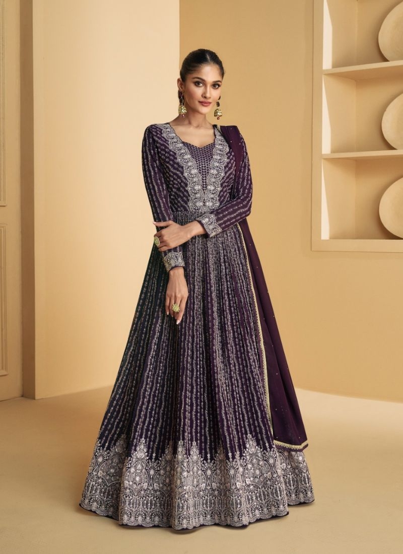 Stunning georgette anarkali suit with embroidered dupatta in dark purple