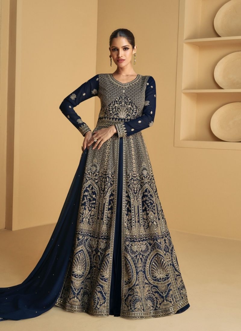 Stunning georgette anarkali suit with embroidered dupatta in dark blue