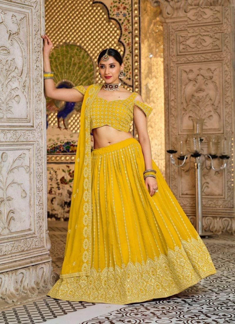 Heavy georgette wedding lehenga with beautiful dupatta in yellow