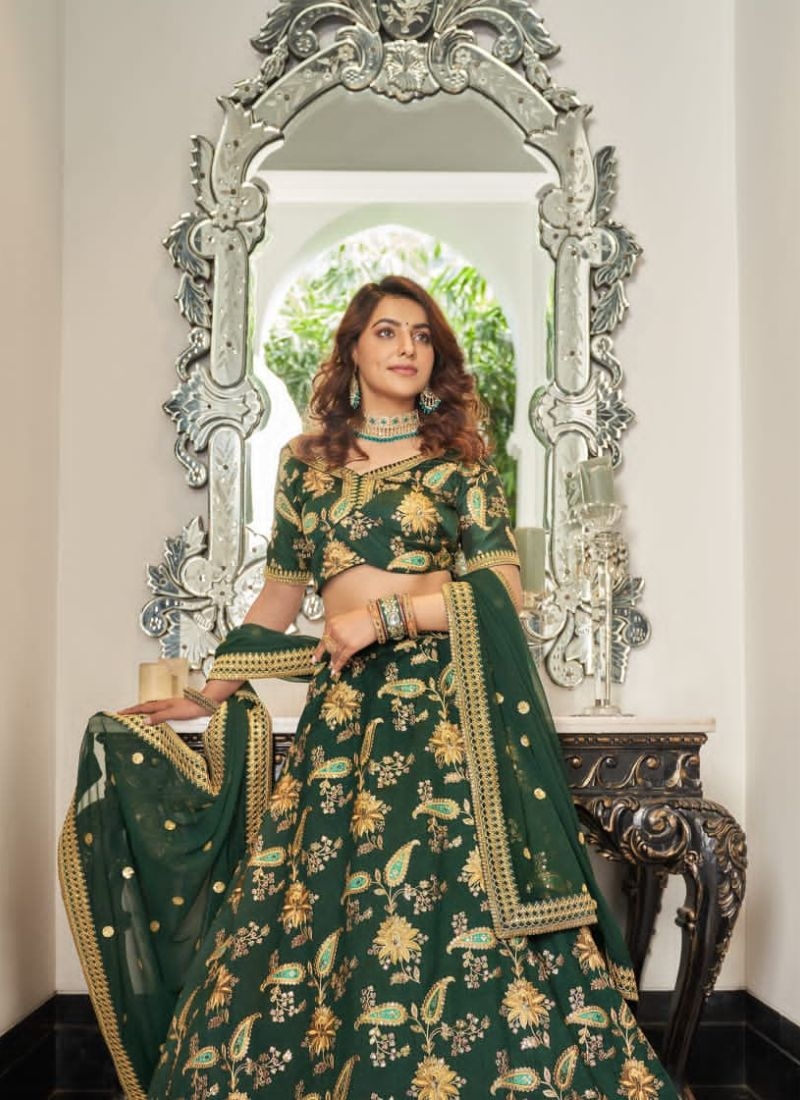 Beautiful lehenga with embroidered dupatta in dark green