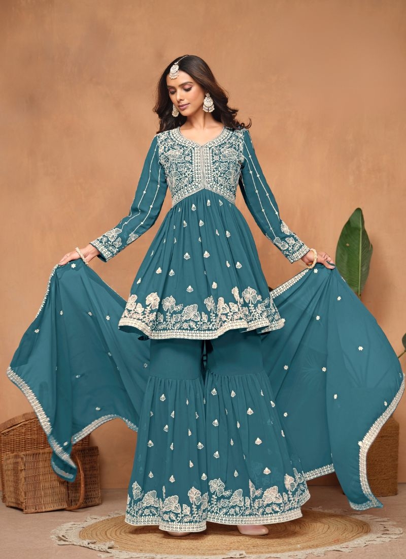 Stunning faux georgette sharara suit with embroidered dupatta in dark blue