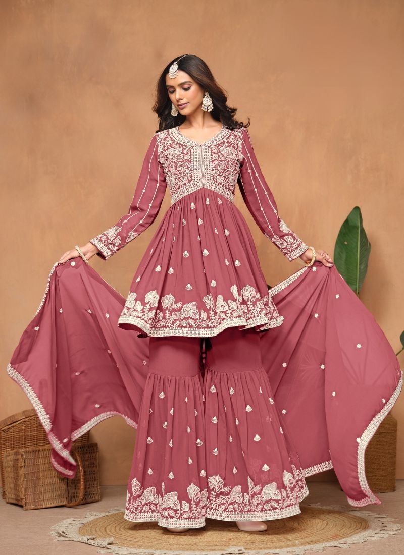 Stunning faux georgette sharara suit with embroidered dupatta in pastel pink