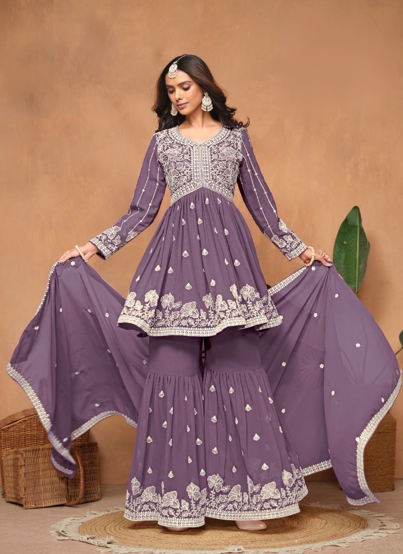 Stunning faux georgette sharara suit with embroidered dupatta in purple