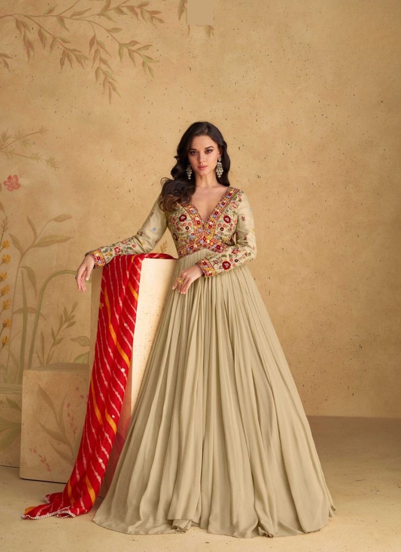 Exquisite designer anarkali suit with printed dupatta in cream