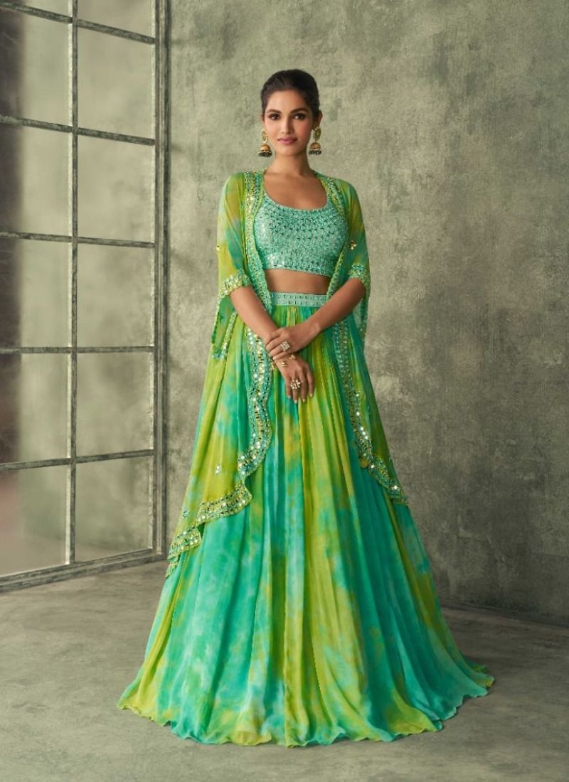 Exquisite georgette lehenga choli with designer dupatta in green