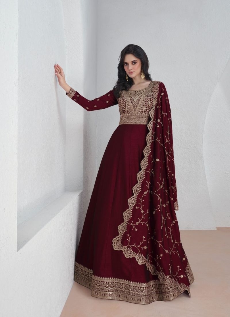 Beautiful silk anarkali suit with mirror work embroidery in maroon