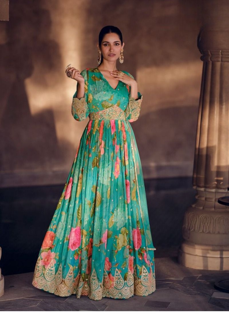 Designer anarkali suit with digital floral printing in green