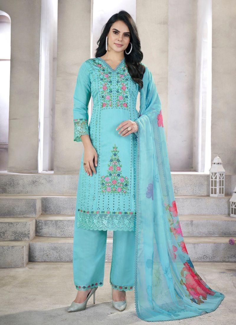 Designer silk pant suit with embroidered dupatta in blue