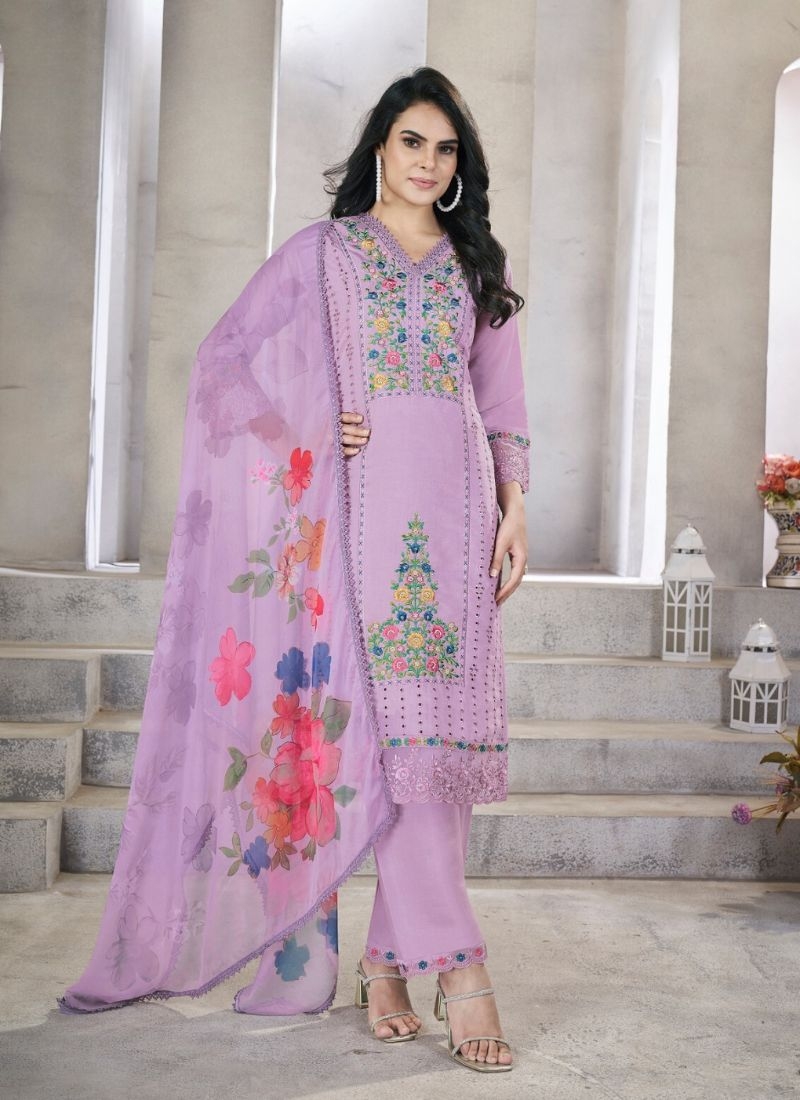 Designer silk pant suit with embroidered dupatta in light purple