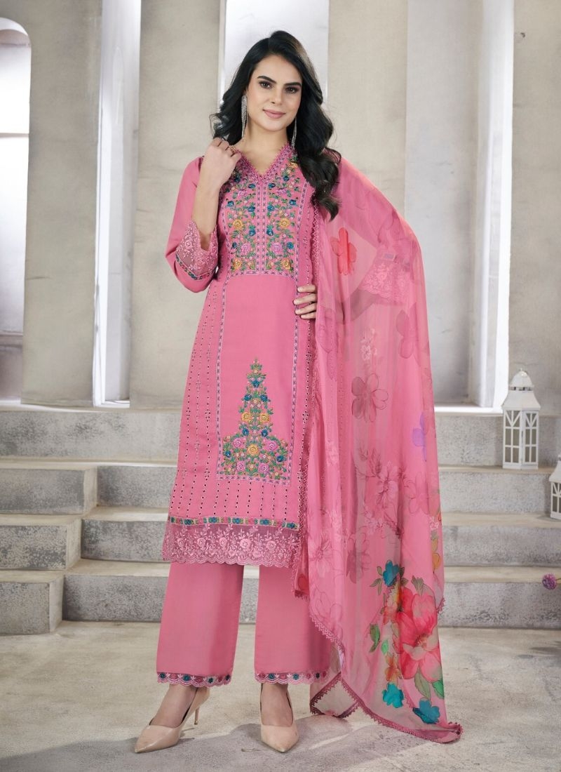 Designer silk pant suit with embroidered dupatta in pink