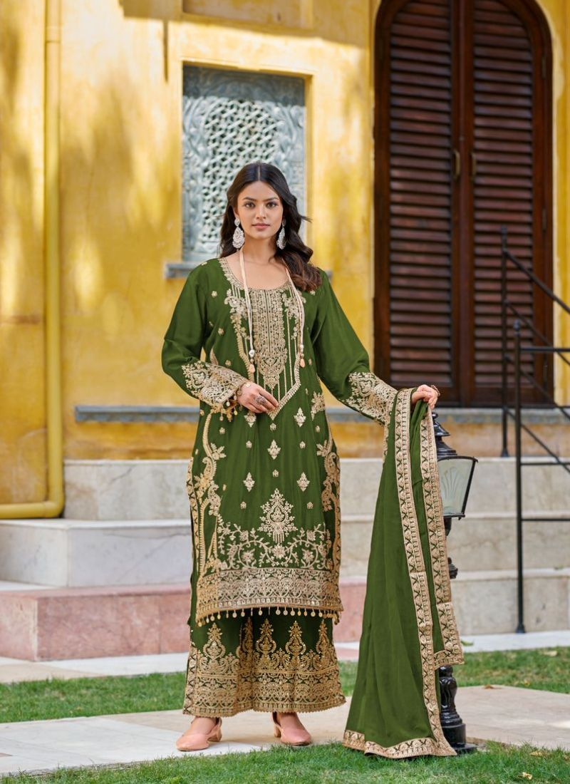 Designer chinon palazzo suit with embroidered dupatta in dark green