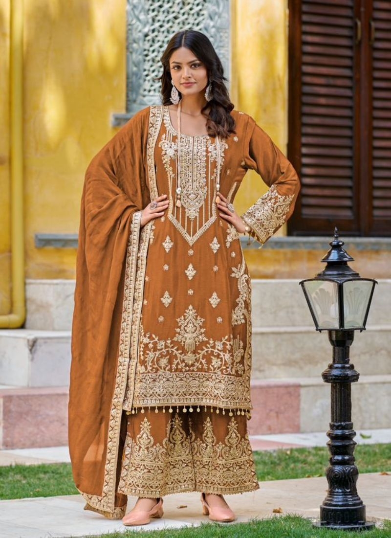 Designer chinon palazzo suit with embroidered dupatta in mustard