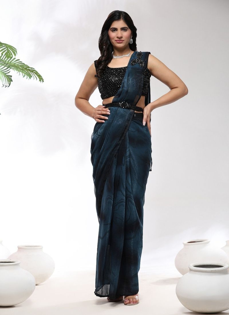 Exquisite hand embroidered chiffon saree in blue