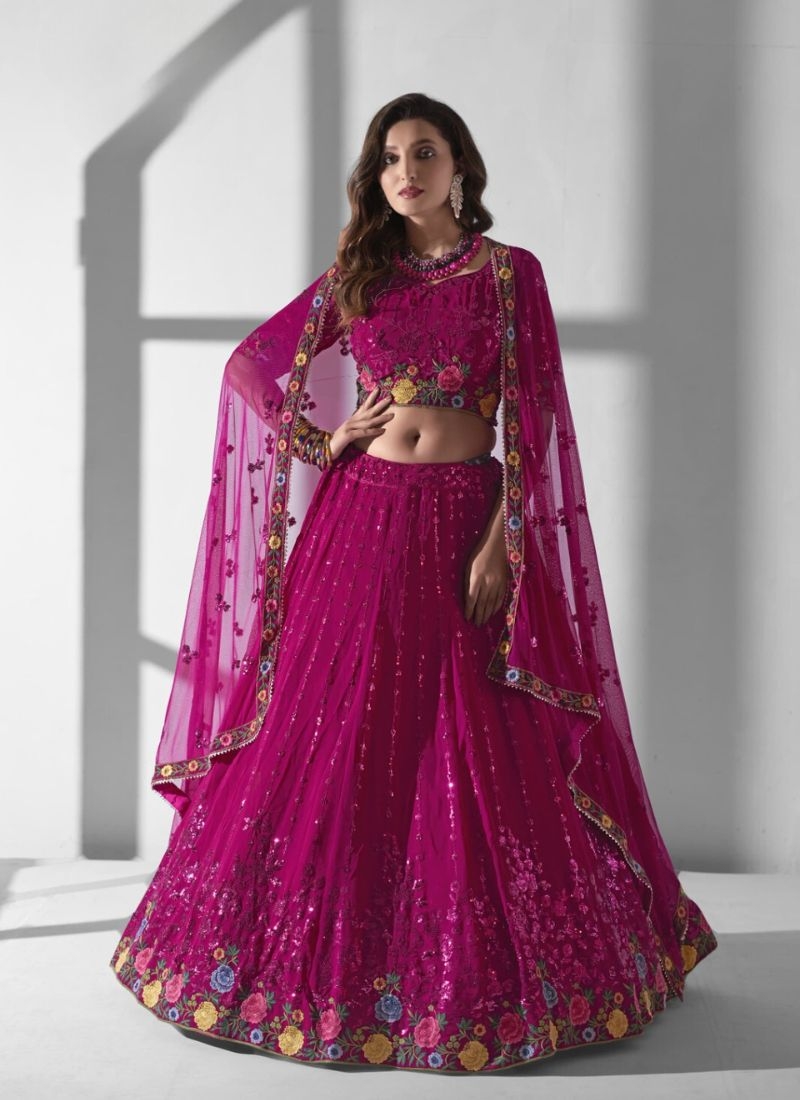 Beautiful multi-embroidered georgette lehenga in pink