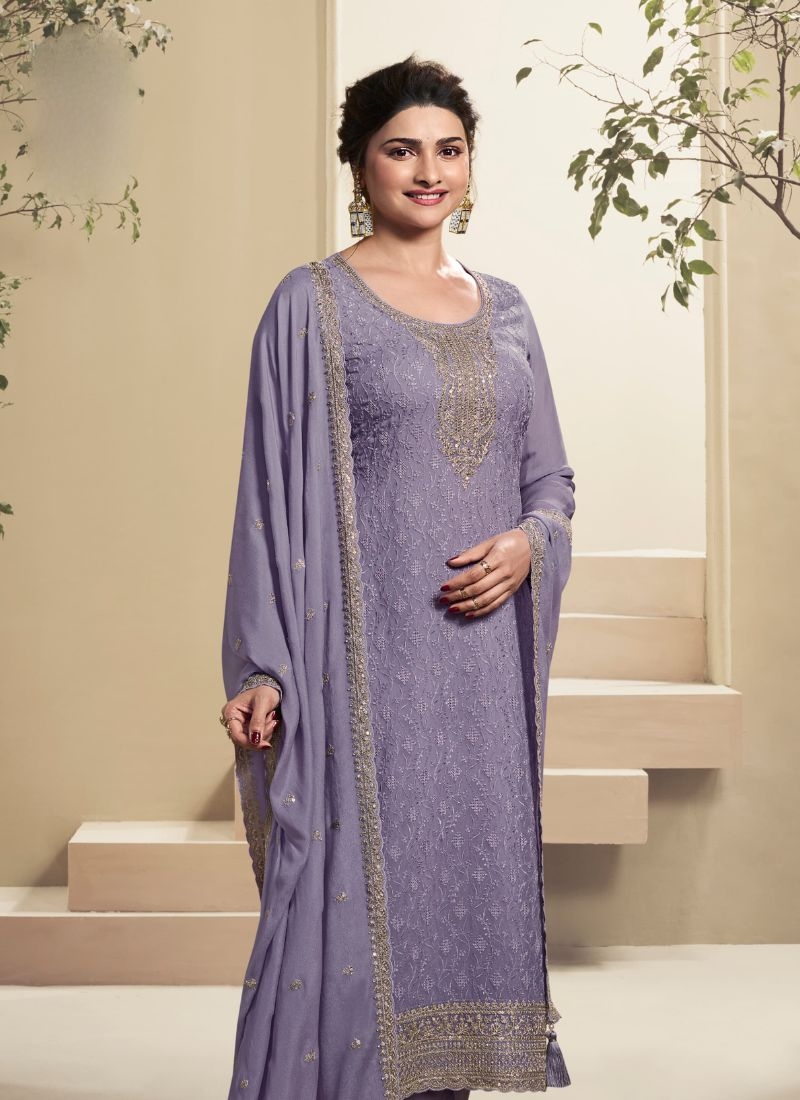 Stunning embroidered kurta pant suit with designer dupatta in purple