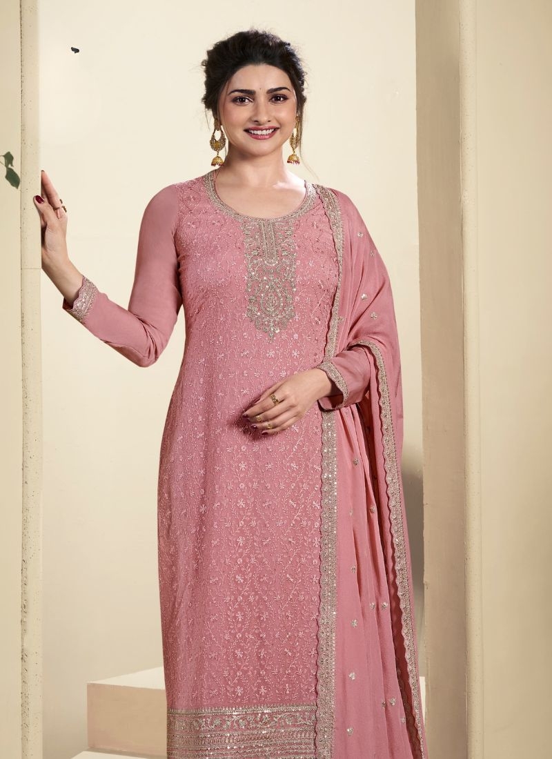 Stunning embroidered kurta pant suit with designer dupatta in peach