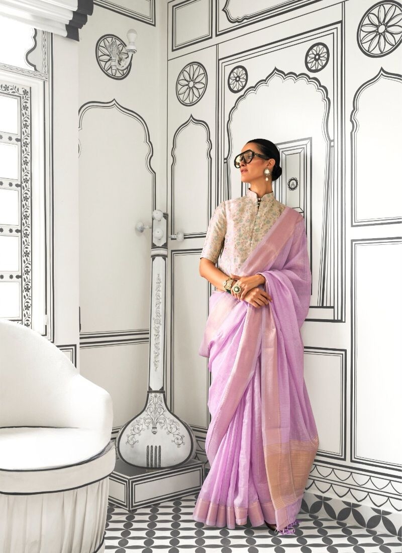 Designer zari lining border chiffon saree in light purple