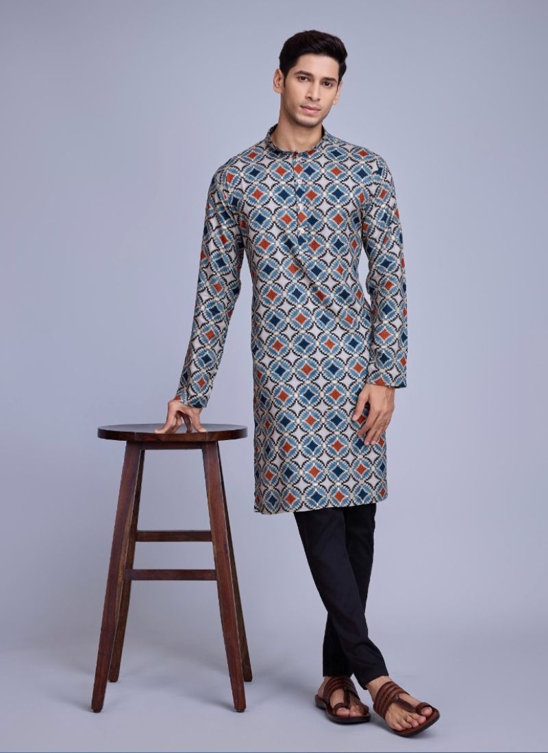 New cotton Kurta pajama with foil printing in grey