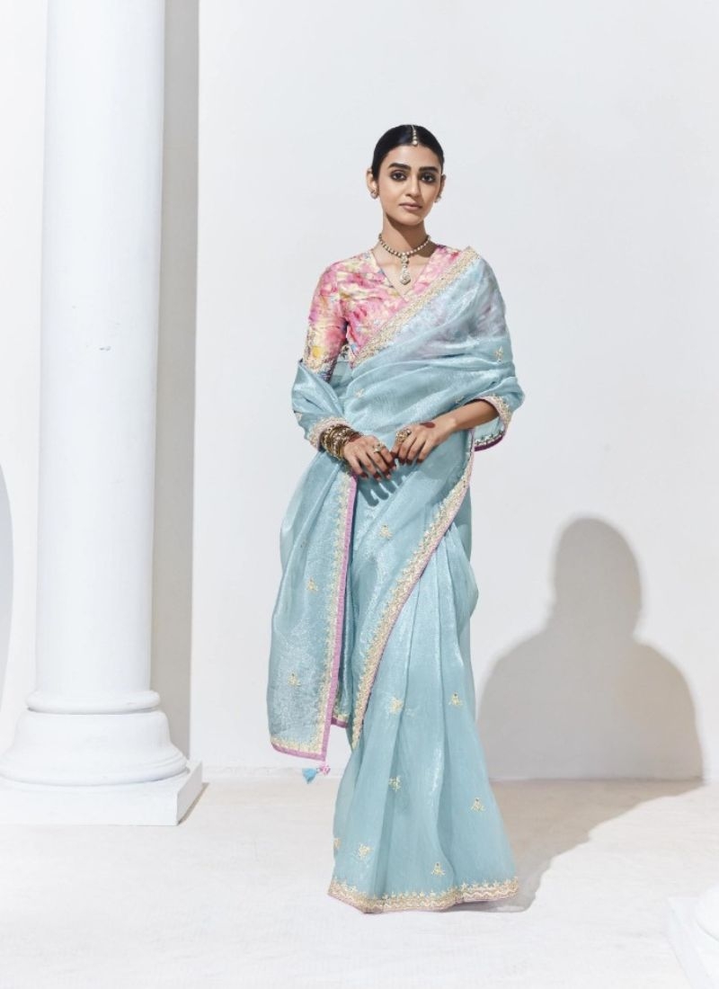 Premium embroidered organza saree in sky blue