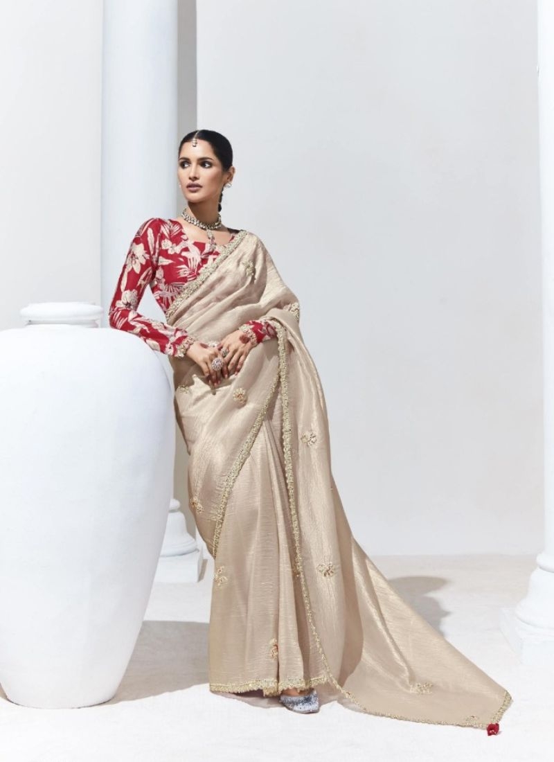 Premium embroidered organza saree in beige