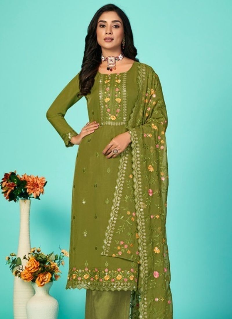 Stunning heavy embroidered georgette palazzo suit in mehandi green