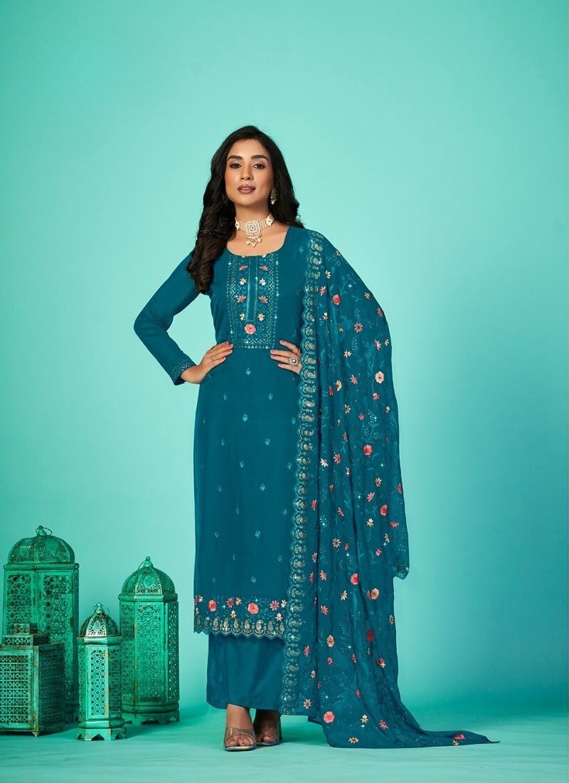 Stunning heavy embroidered georgette palazzo suit in dark blue