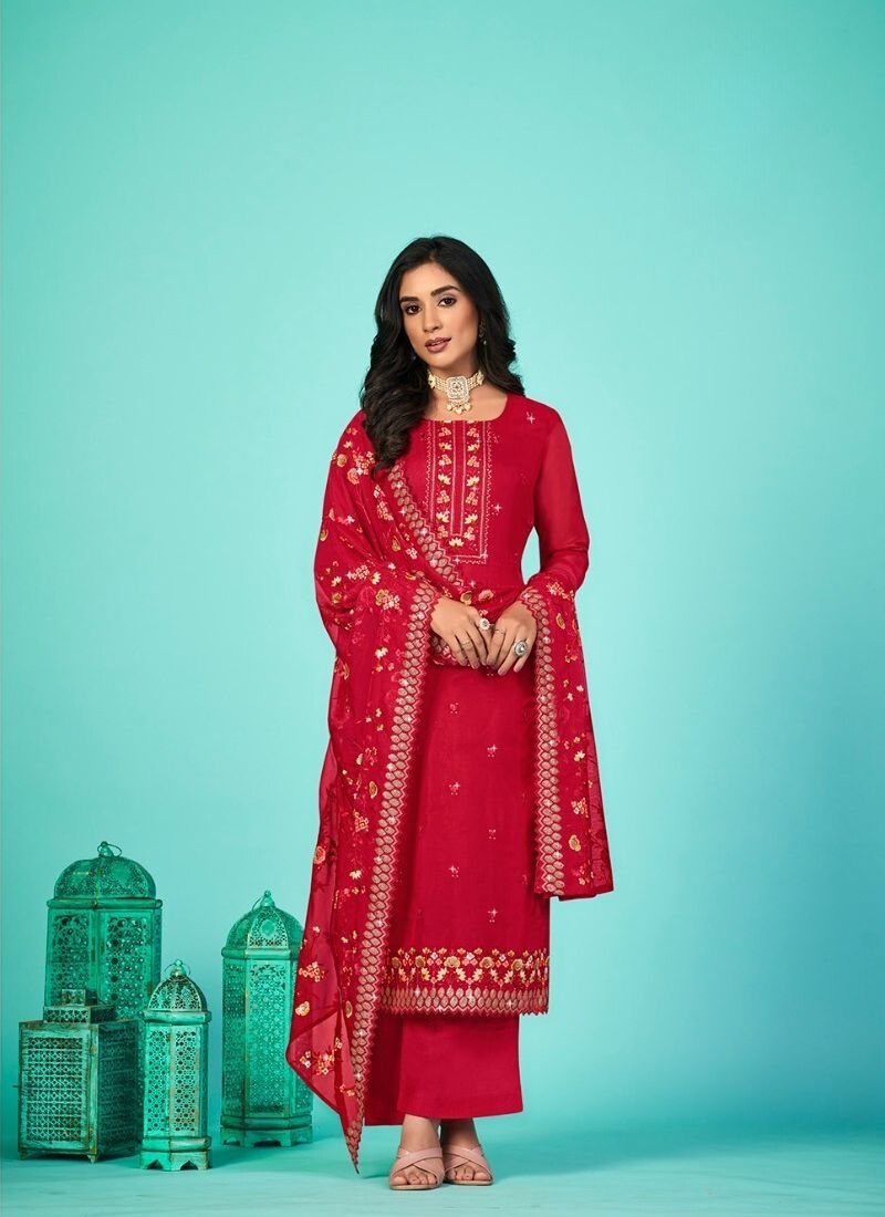 Stunning heavy embroidered georgette palazzo suit in red