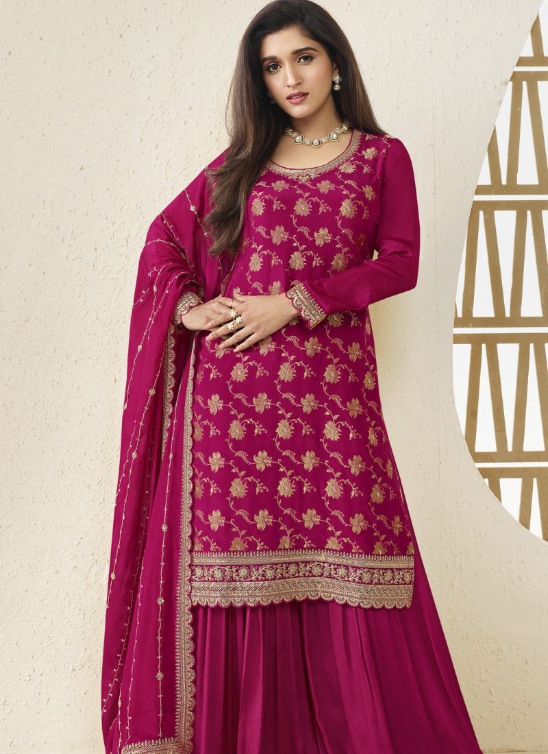 Beautiful embroidered Chinon sharara suit  in dark pink