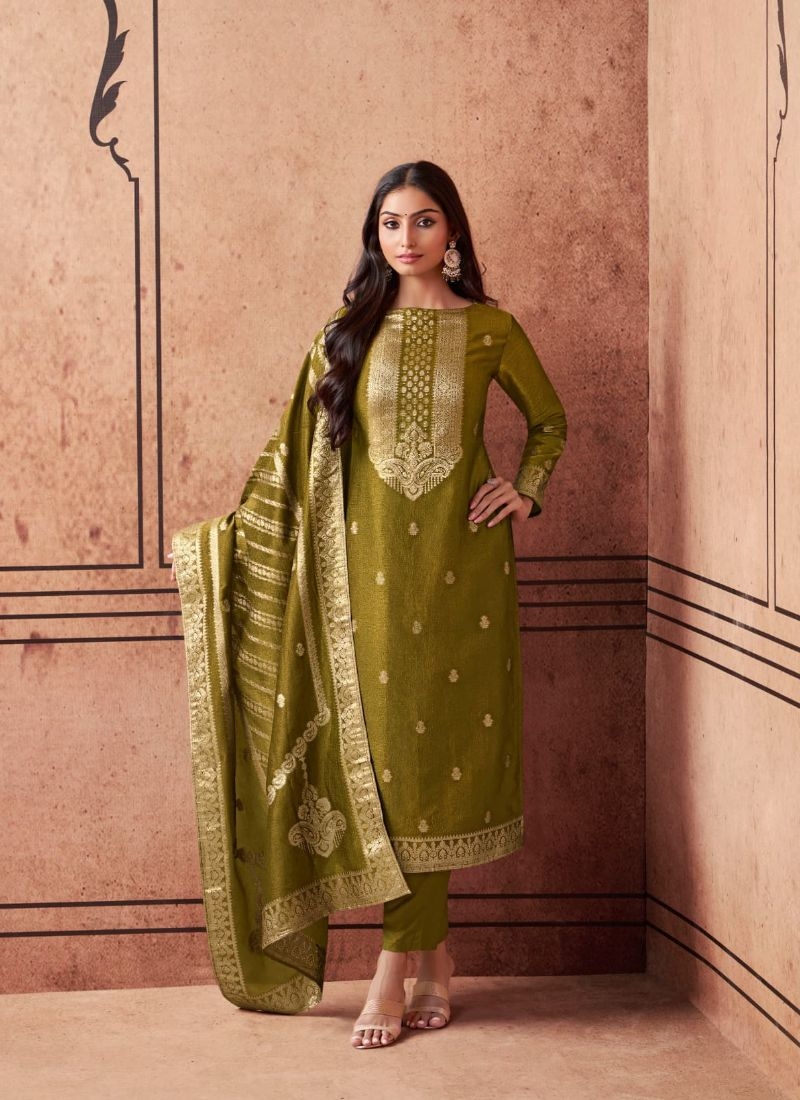 Designer resham embroidery pant suit  in mehandi green