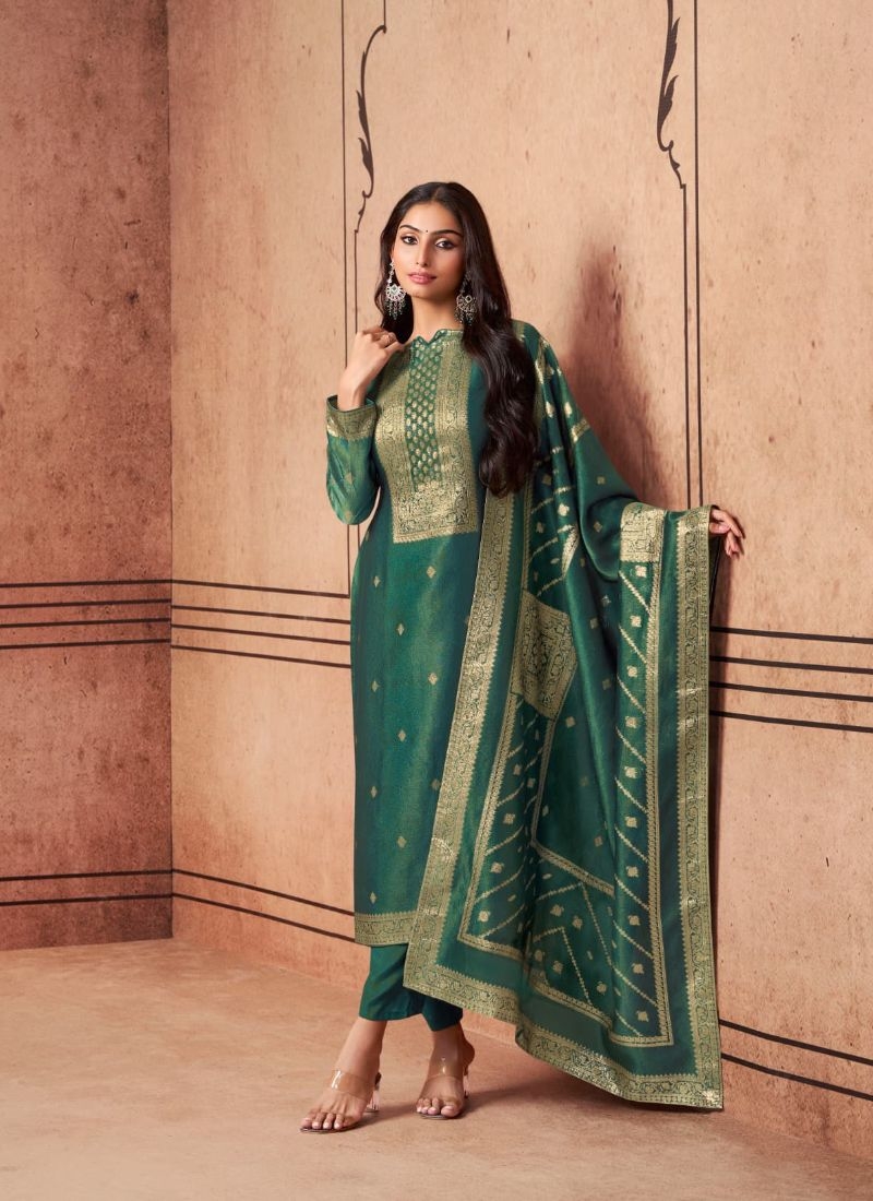 Designer resham embroidery pant suit  in dark green