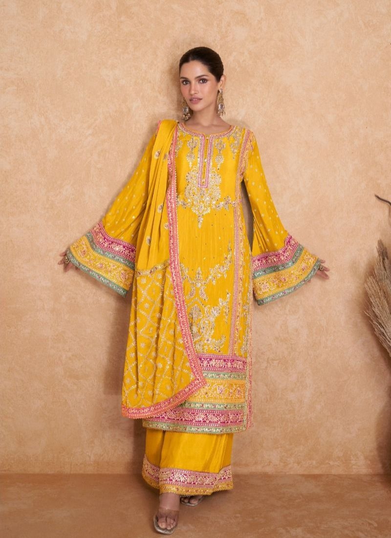 Premium embroidered chinon palazzo suit in yellow