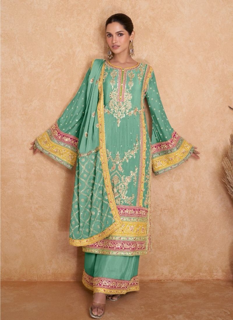 Premium embroidered chinon palazzo suit in green