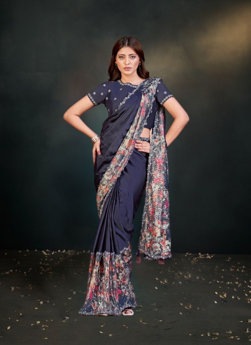 Designer embroidered silk saree in dark  blue