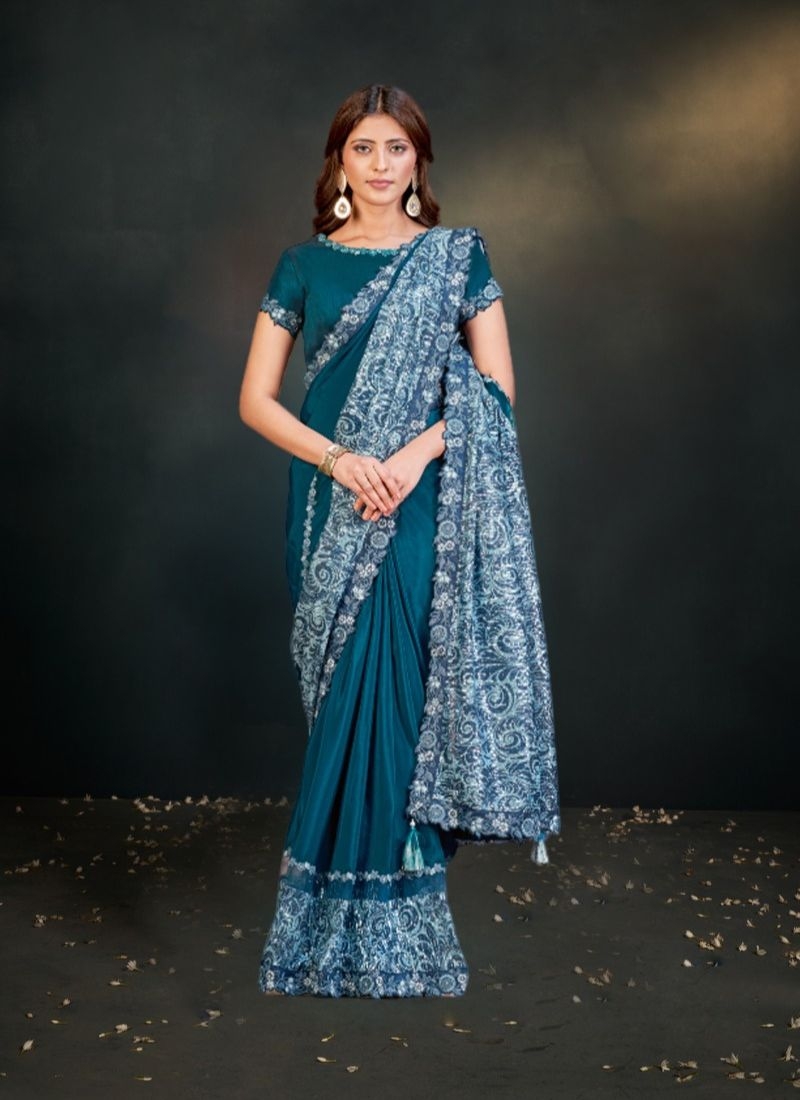 Designer embroidered silk saree in royal blue