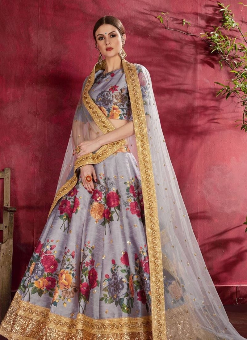 Gorgeous floral printed banglory silk lehenga choli in light purple