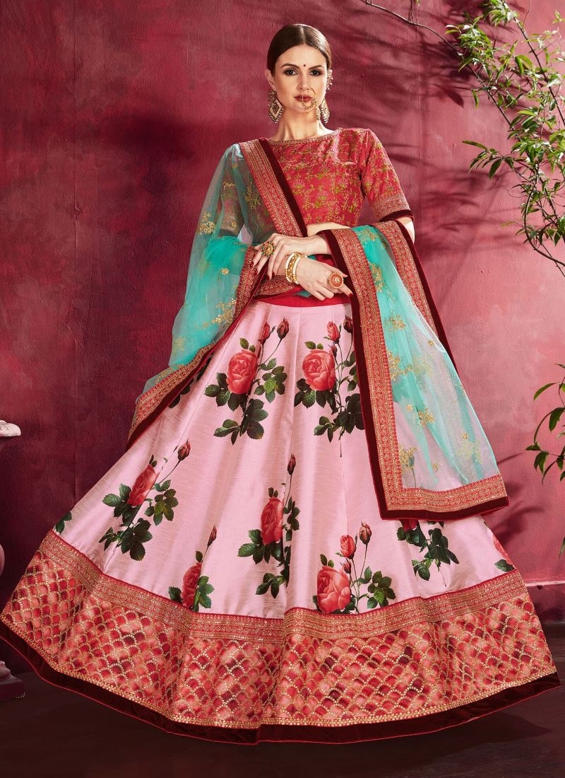 Gorgeous floral printed banglory silk lehenga choli in pink