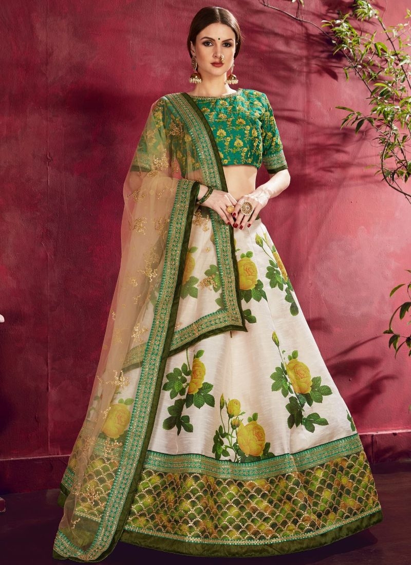 Gorgeous floral printed banglory silk lehenga choli in green